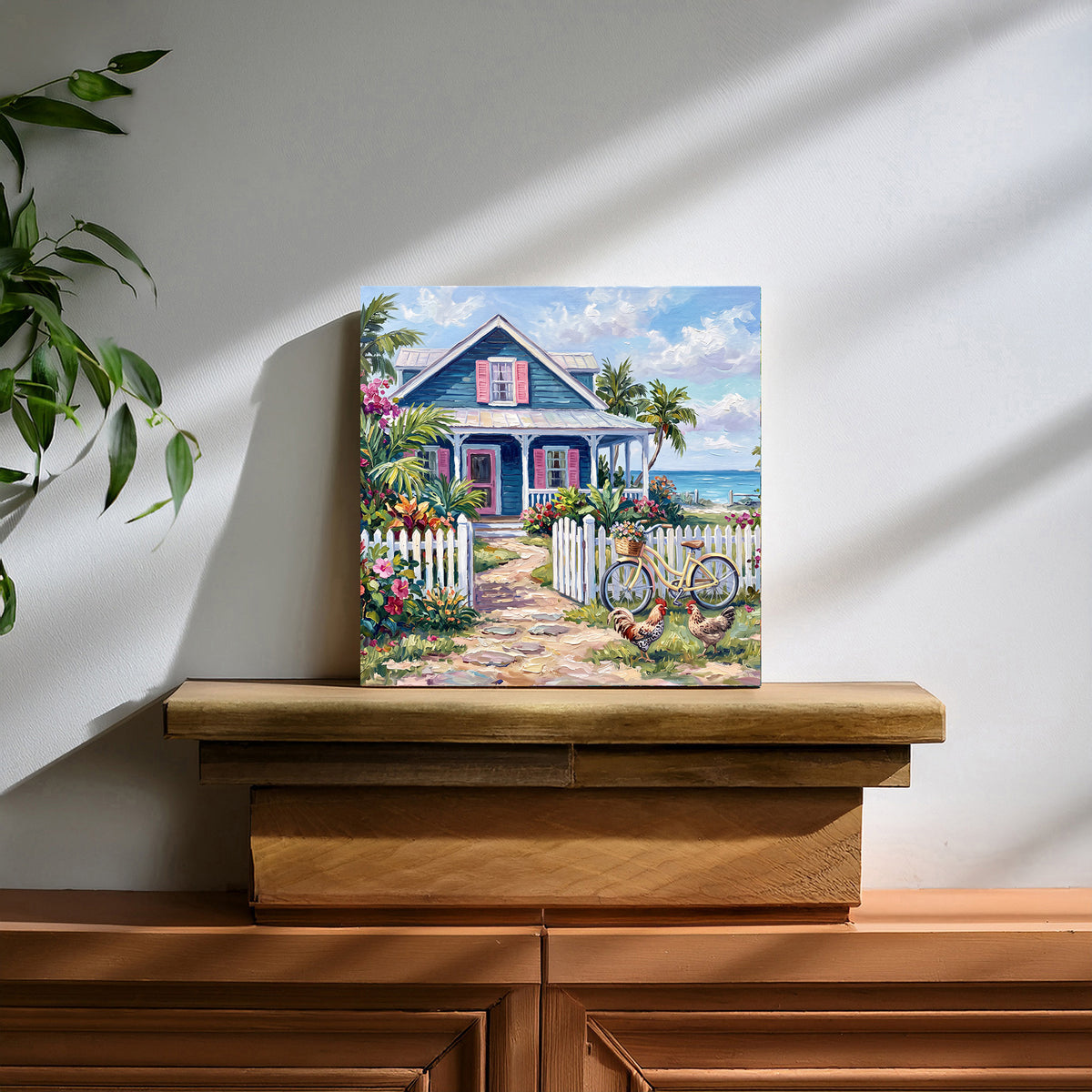 Key West Blue Cottage & Bicycle | Glossy Ceramic Art Tile
