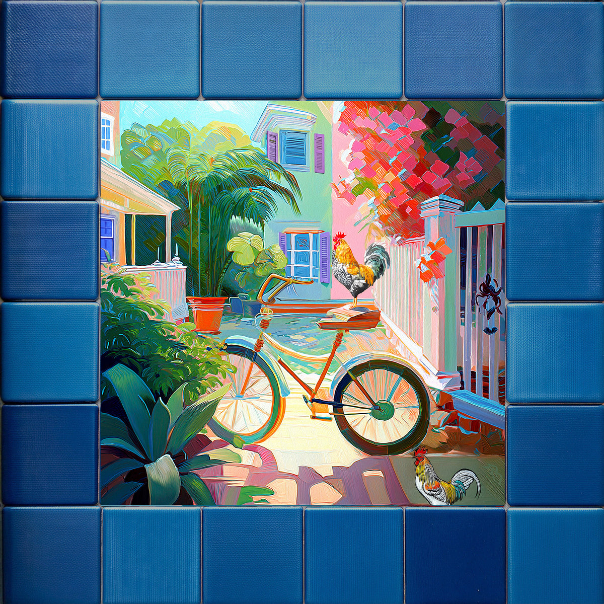Key West Courtyard Roosters & Bicycle Ceramic Art Tile