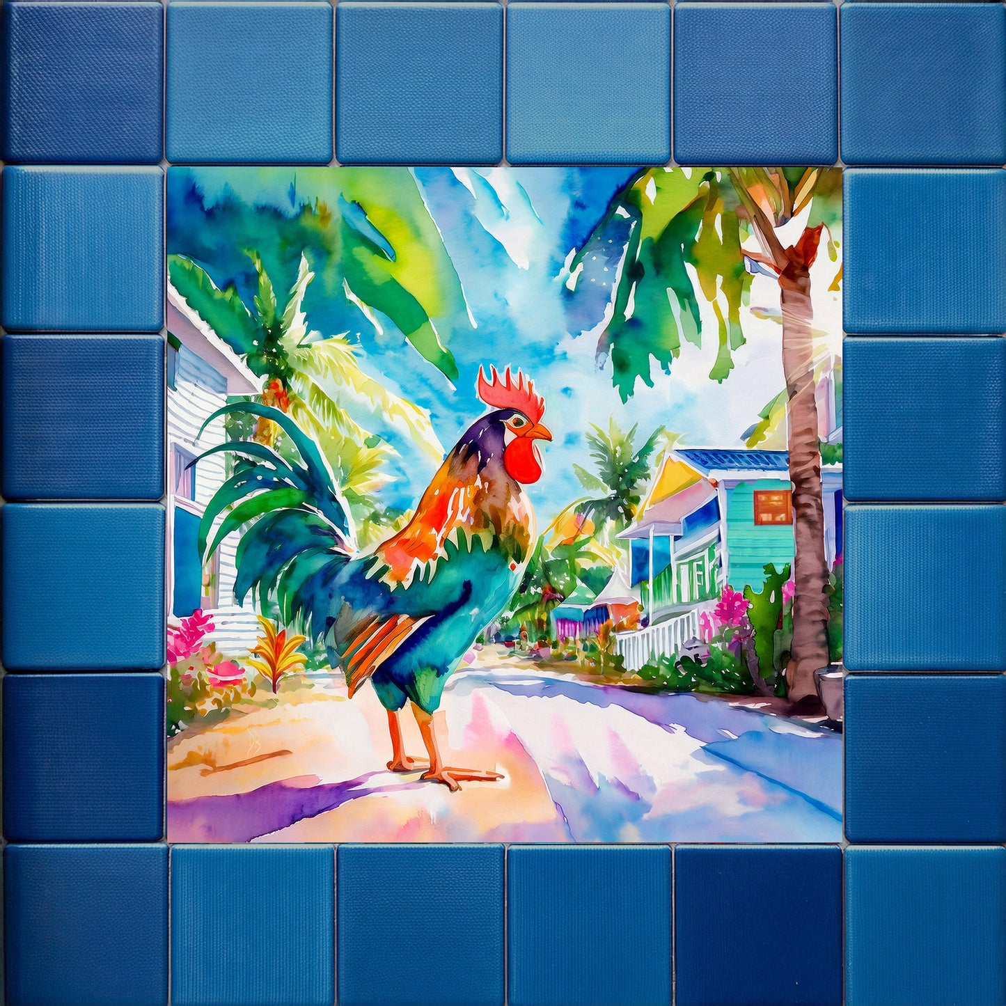 Key West Rooster Strutting Through Paradise Watercolor Ceramic Art Tile