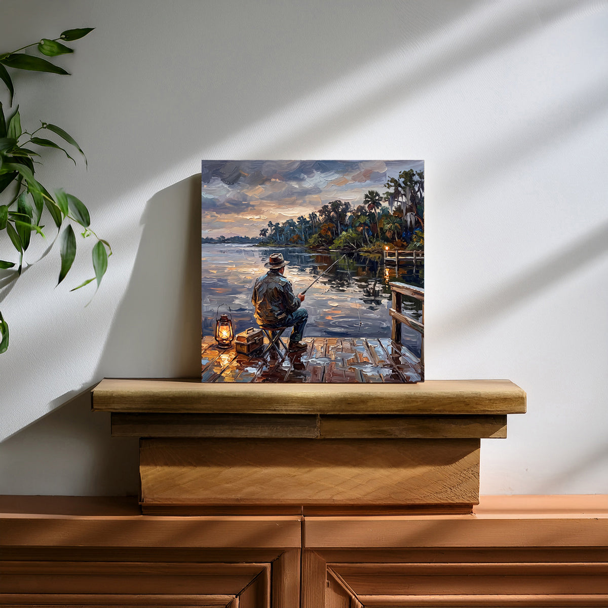 Lantern-Lit Fishing at Dusk | Glossy Ceramic Art Tile