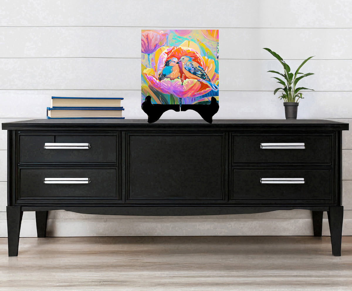 Two Birds in a Tulip – Glossy Ceramic Art Tile