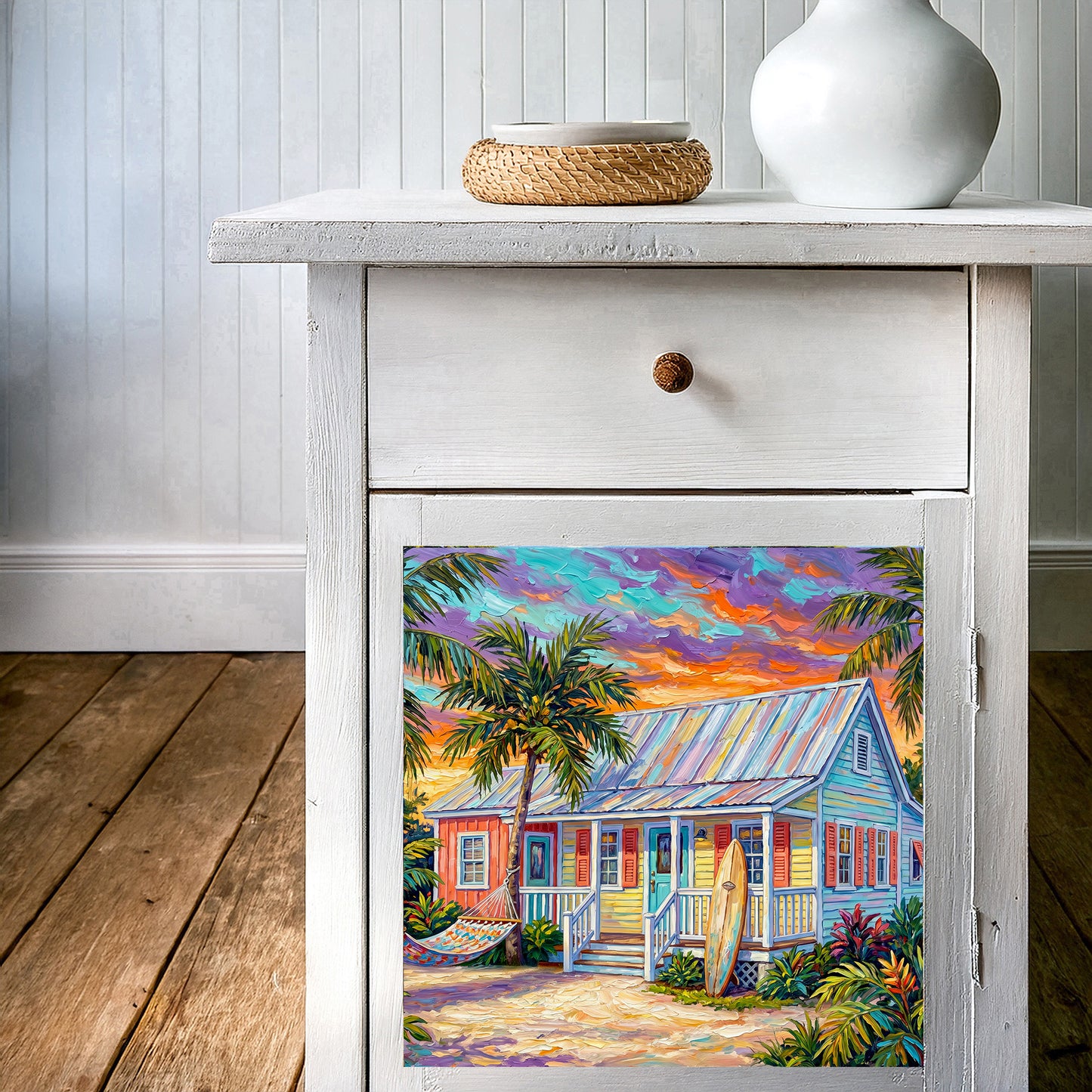 Key West Sunset Conch Cottage with Surfboard & Hammock Ceramic Art Tile