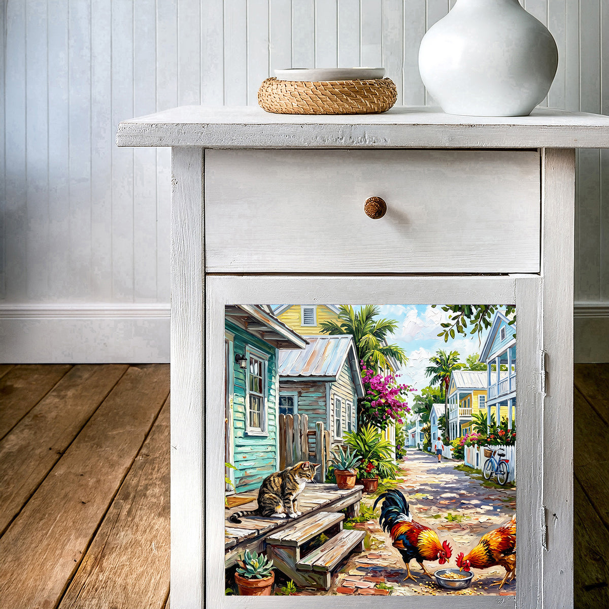 Key West Lane with Cat & Roosters | Glossy Ceramic Art Tile