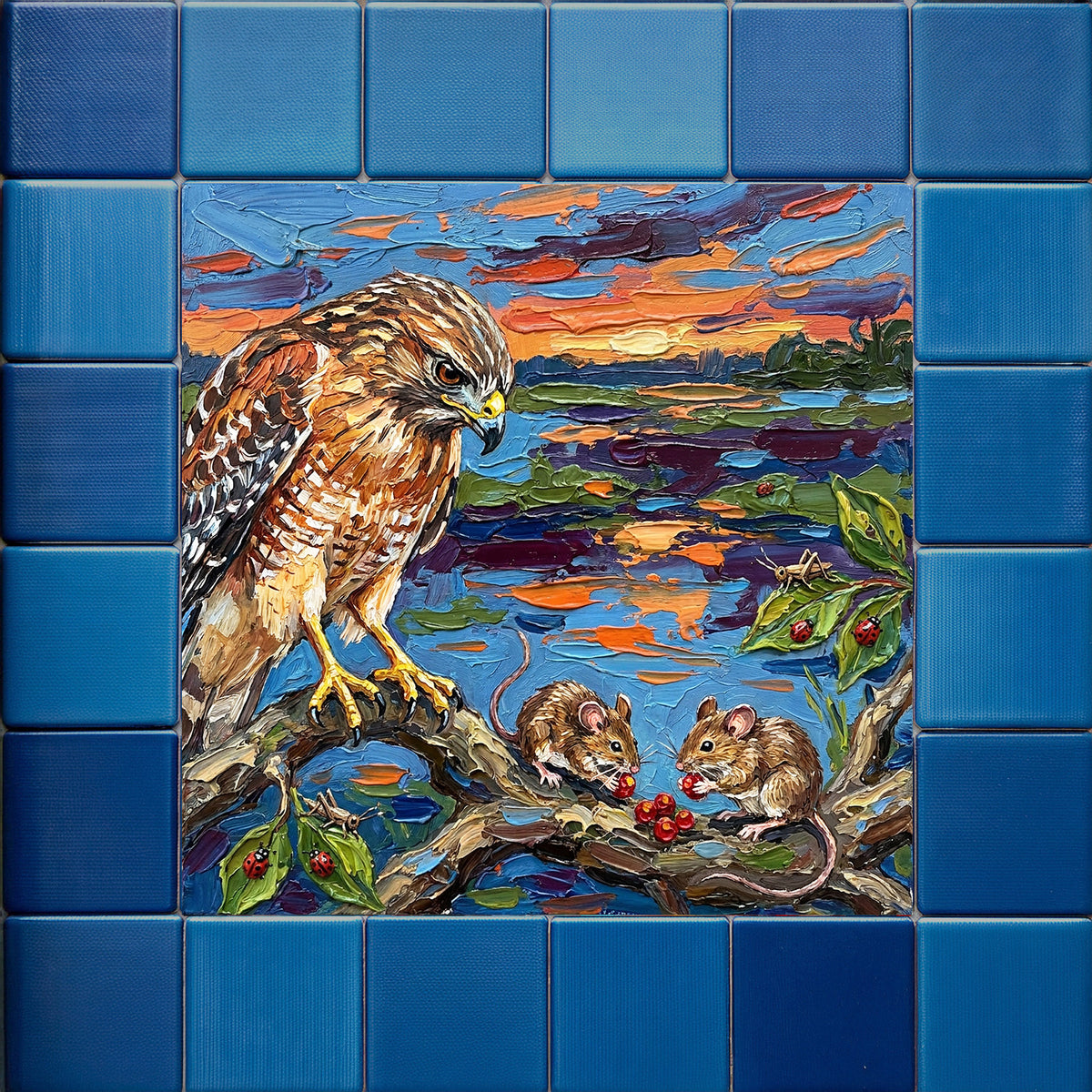 Hawk and Mice by the Water – Glossy Ceramic Art Tile