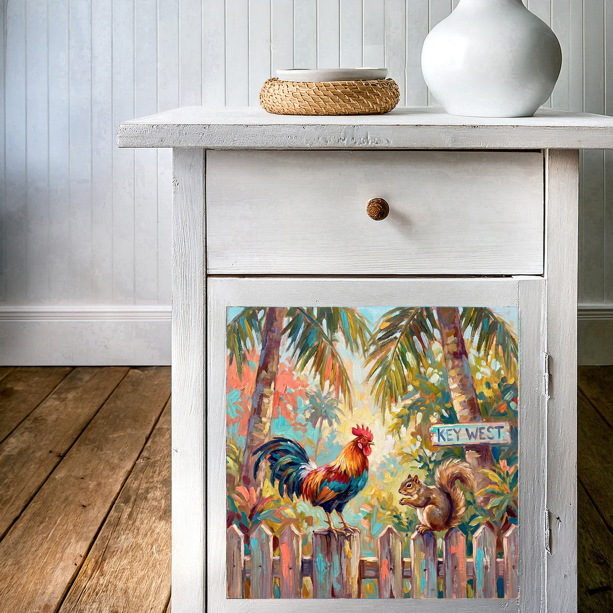 Key West Rooster & Squirrel on the Fence | Ceramic Art Tile
