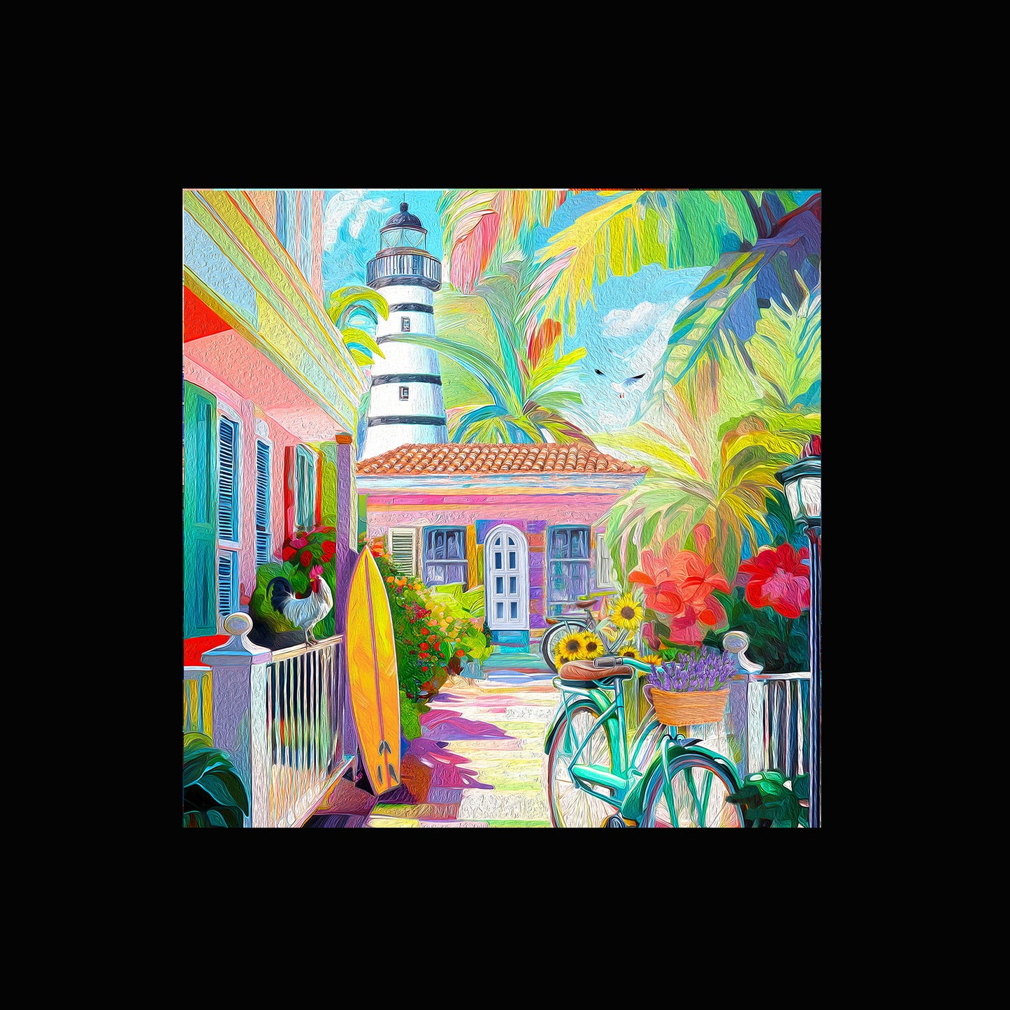 Key West Rooster & Bicycle Ceramic Art Tile