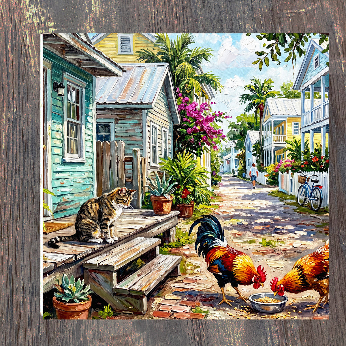 Key West Lane with Cat & Roosters | Glossy Ceramic Art Tile