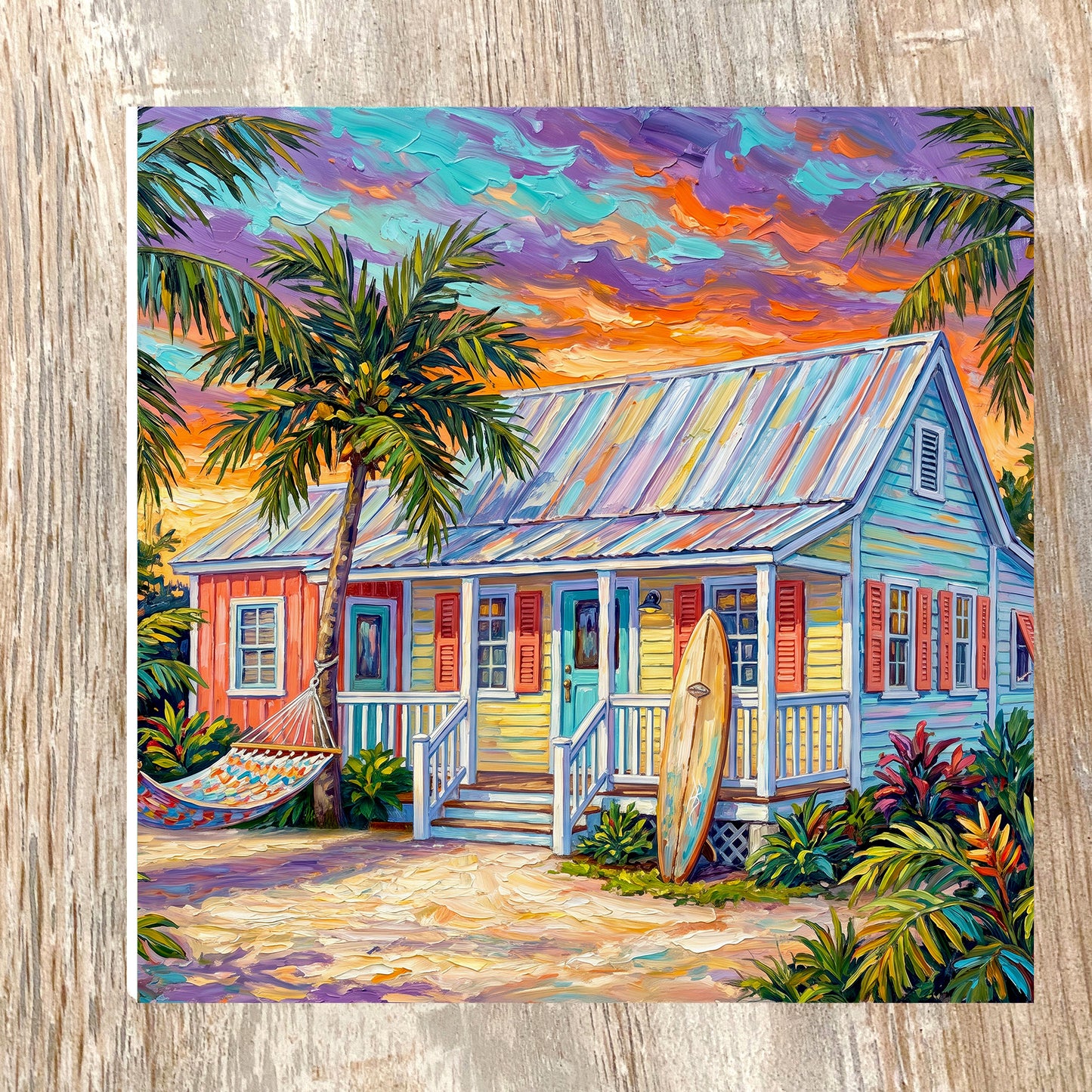 Key West Sunset Conch Cottage with Surfboard & Hammock Ceramic Art Tile