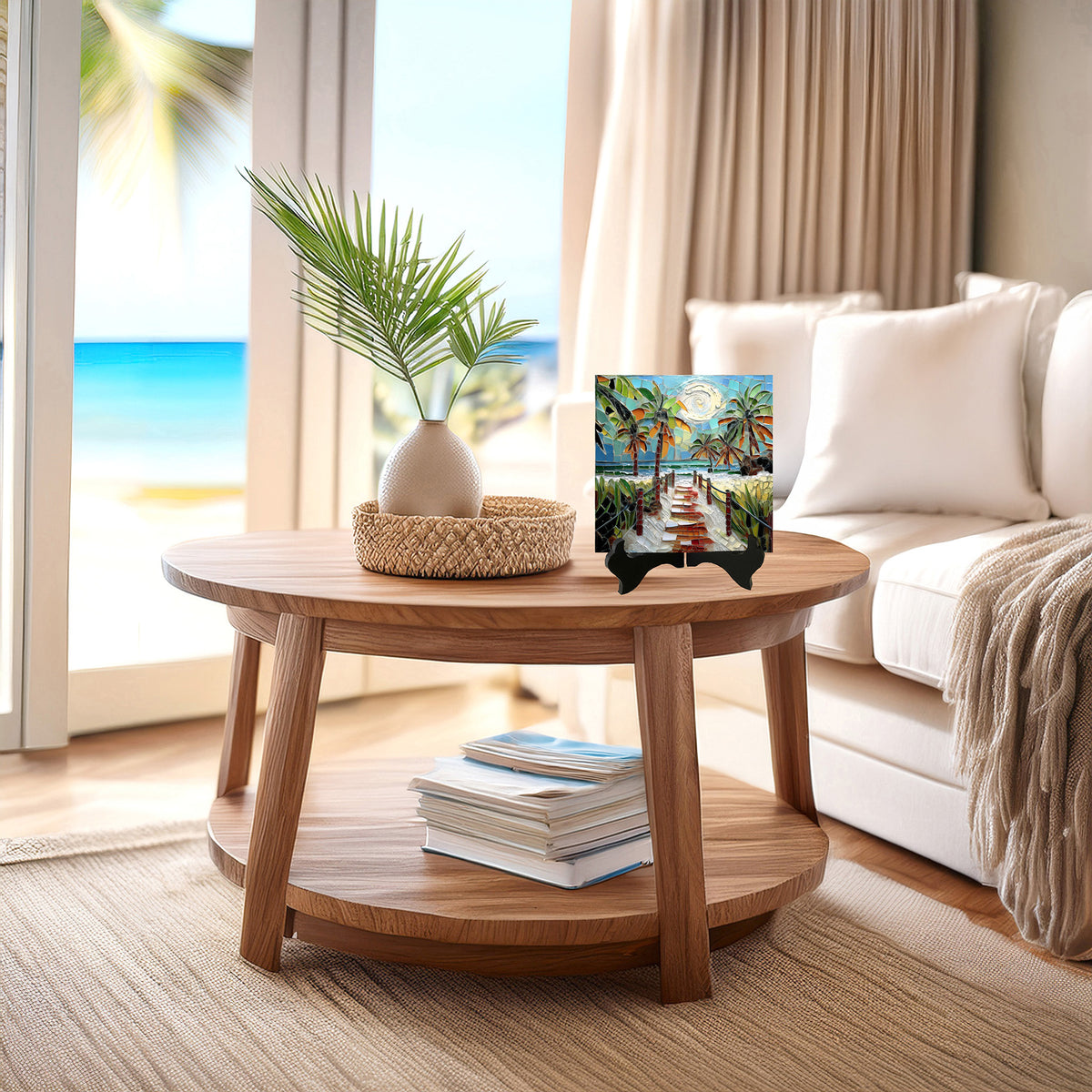 Beach Path to the Sea – Mosaic Look Palm Tile | Glossy Ceramic Art Tile