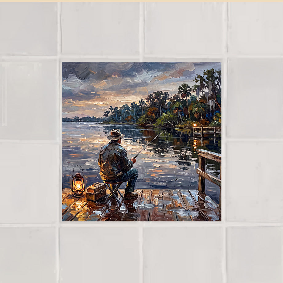 Lantern-Lit Fishing at Dusk | Glossy Ceramic Art Tile