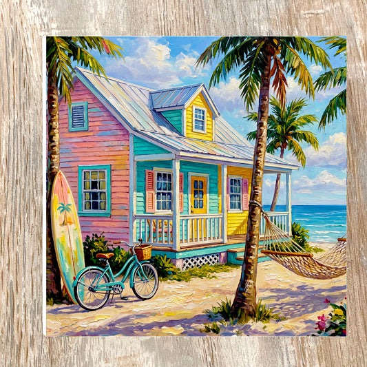 Key West Colorful Conch Cottage with Bicycle & Hammock Ceramic Art Tile