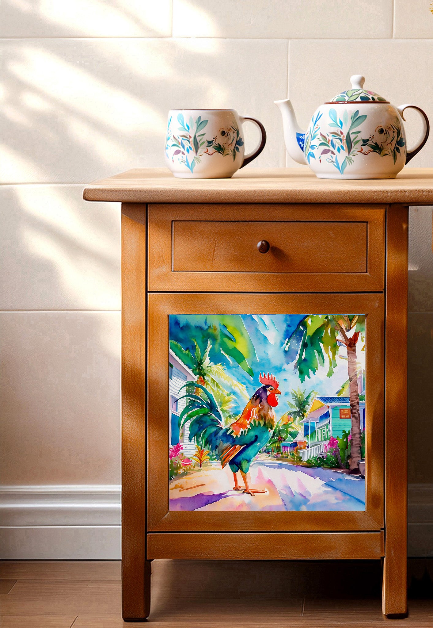 Key West Rooster Strutting Through Paradise Watercolor Ceramic Art Tile
