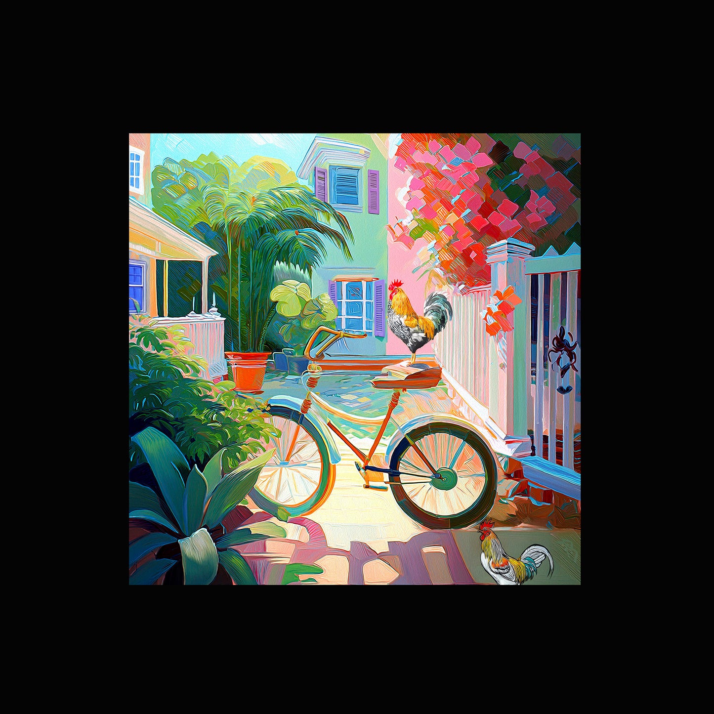 Key West Courtyard Roosters & Bicycle Ceramic Art Tile