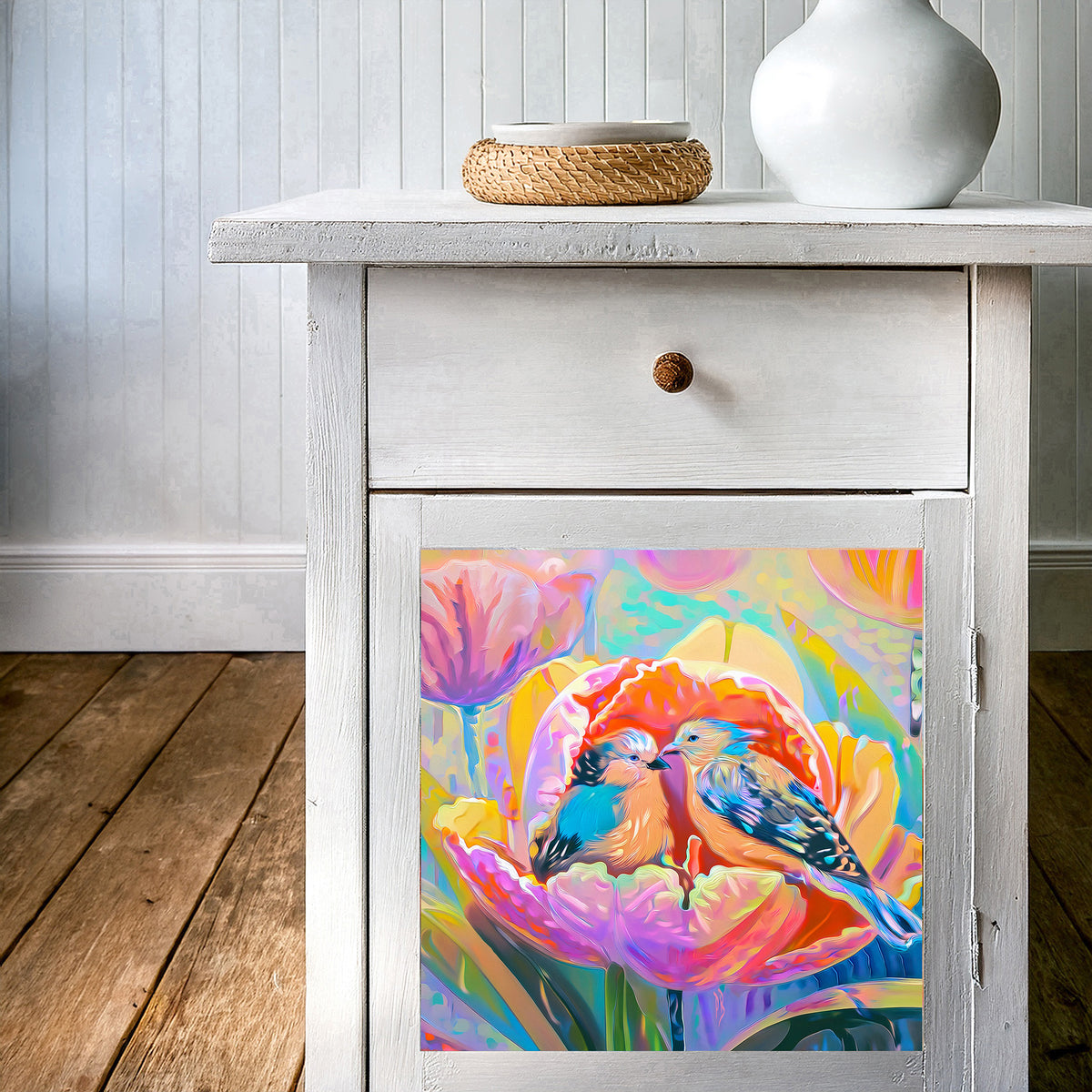Two Birds in a Tulip – Glossy Ceramic Art Tile