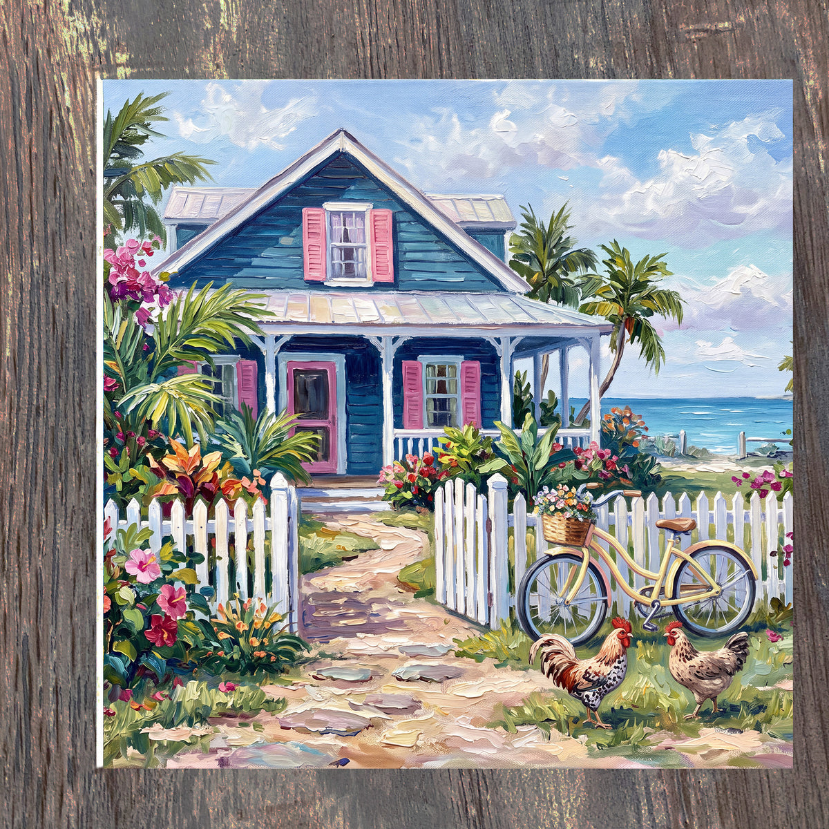 Key West Blue Cottage & Bicycle | Glossy Ceramic Art Tile