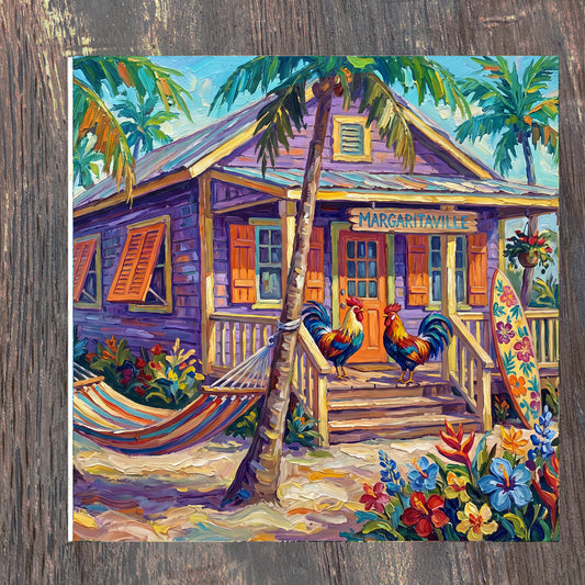 Key West Purple Cottage & Two Roosters | Glossy Ceramic Art Tile