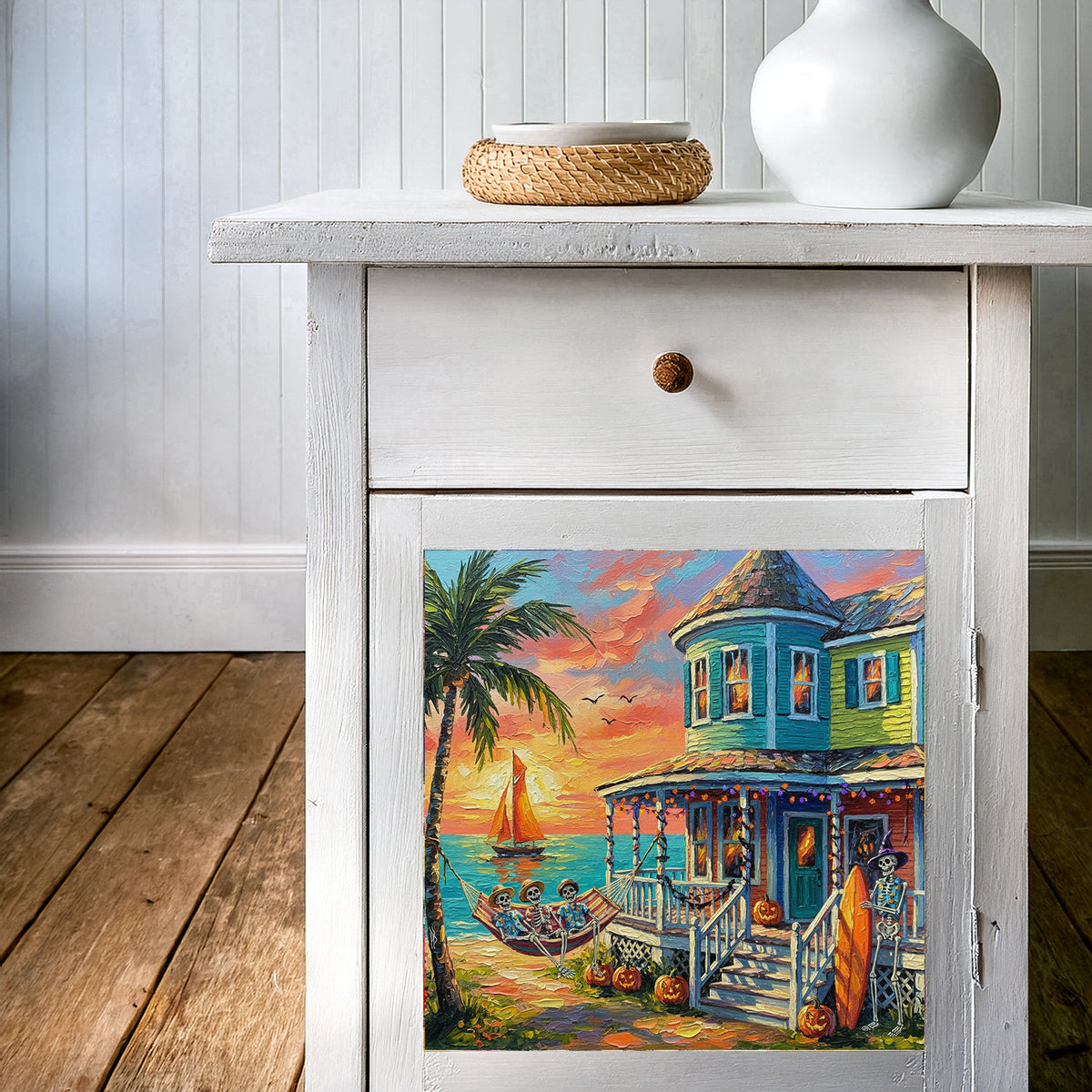 Key West Halloween Skeleton Beach Cottage Sunset | Ceramic Art Tile