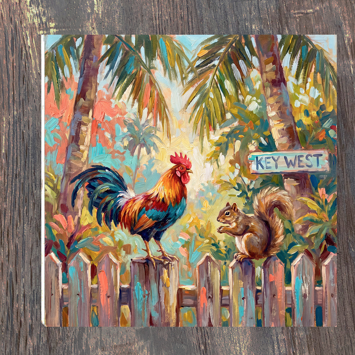 Key West Rooster & Squirrel on the Fence | Ceramic Art Tile