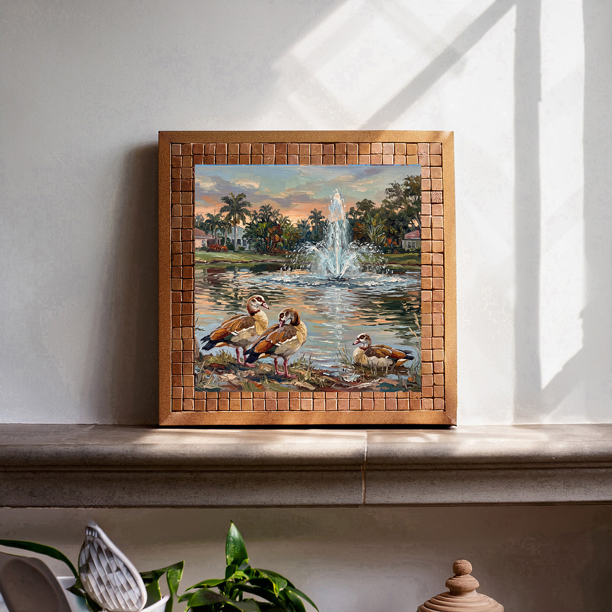 Egyptian Geese at the Sunset Fountain | Glossy Ceramic Art Tile