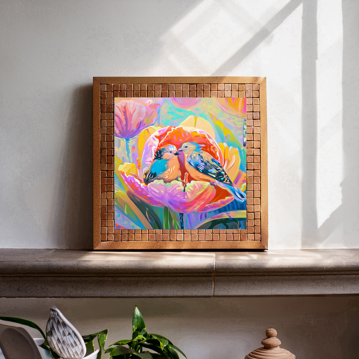 Two Birds in a Tulip – Glossy Ceramic Art Tile