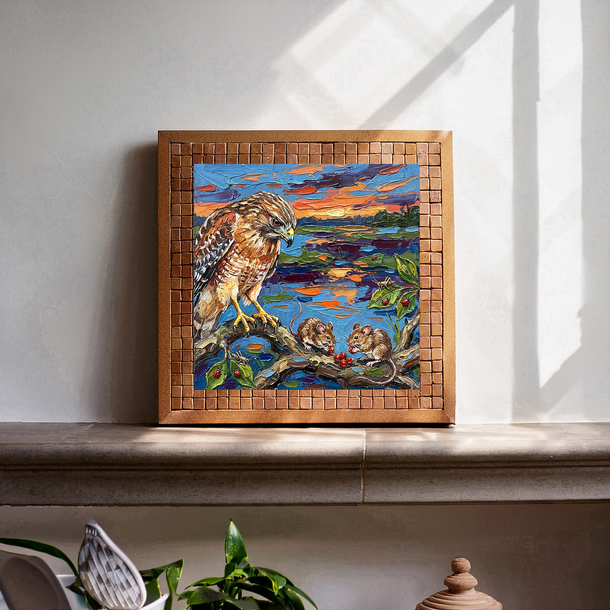 Hawk and Mice by the Water – Glossy Ceramic Art Tile