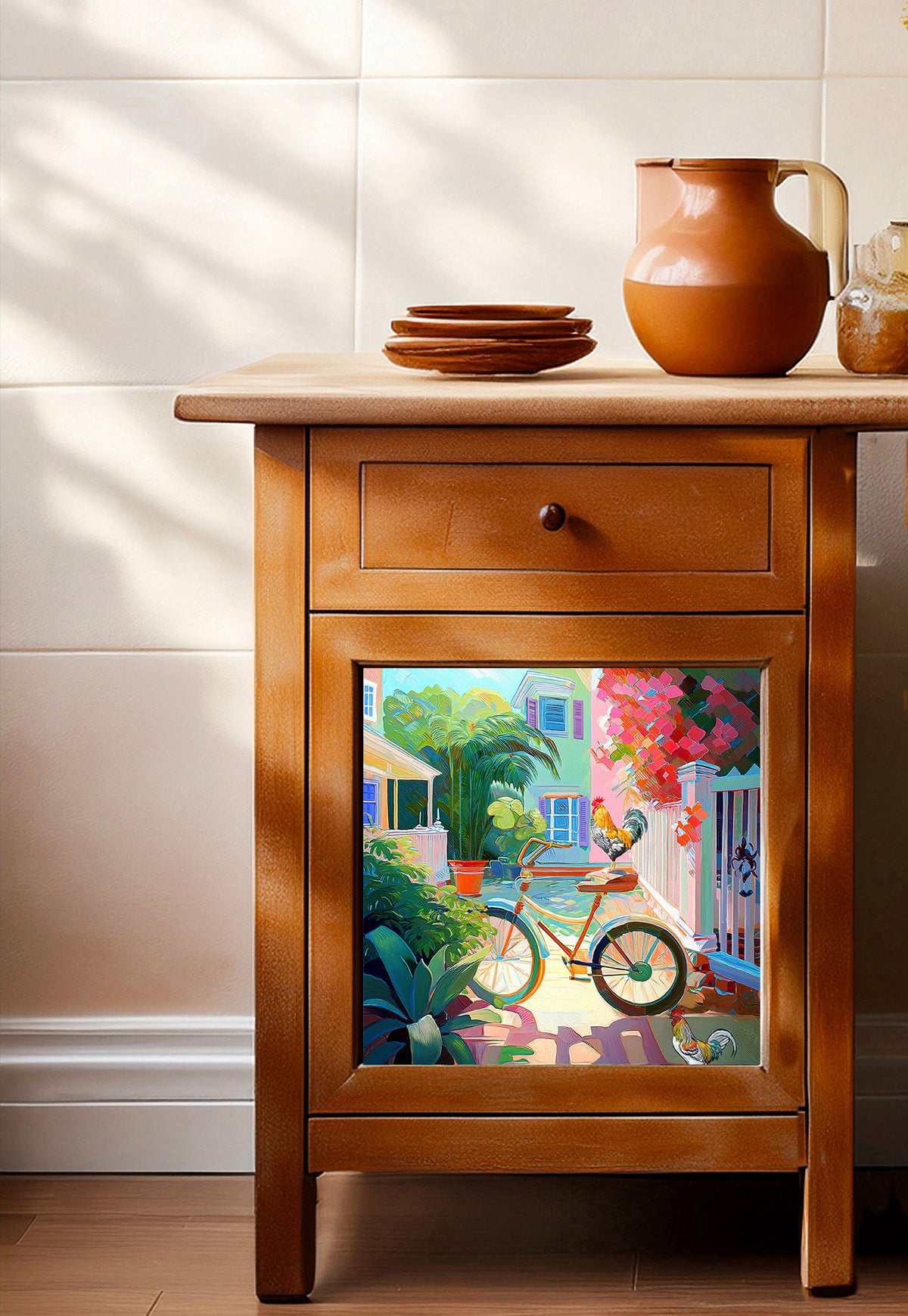 Key West Courtyard Roosters & Bicycle Ceramic Art Tile