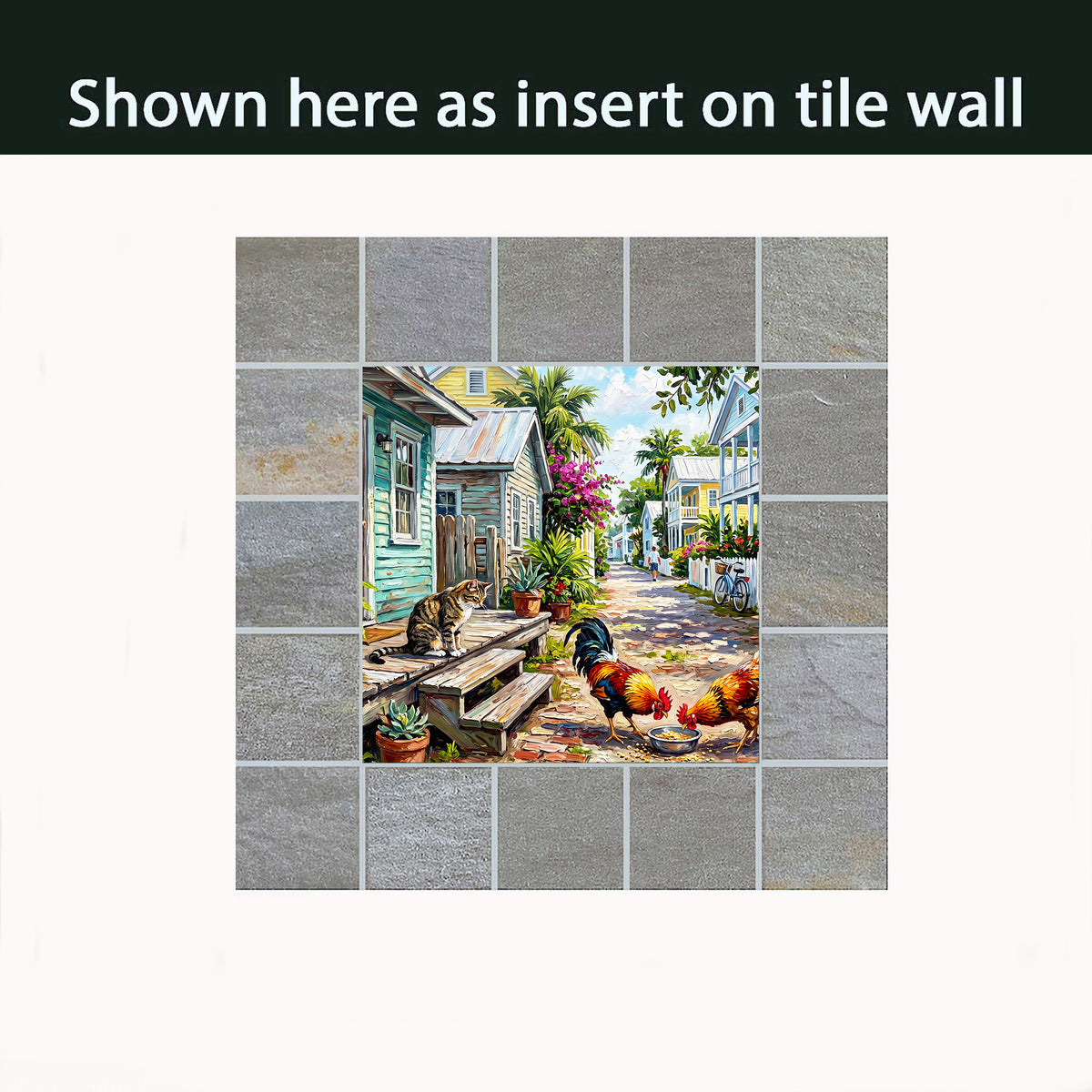 Key West Lane with Cat & Roosters | Glossy Ceramic Art Tile