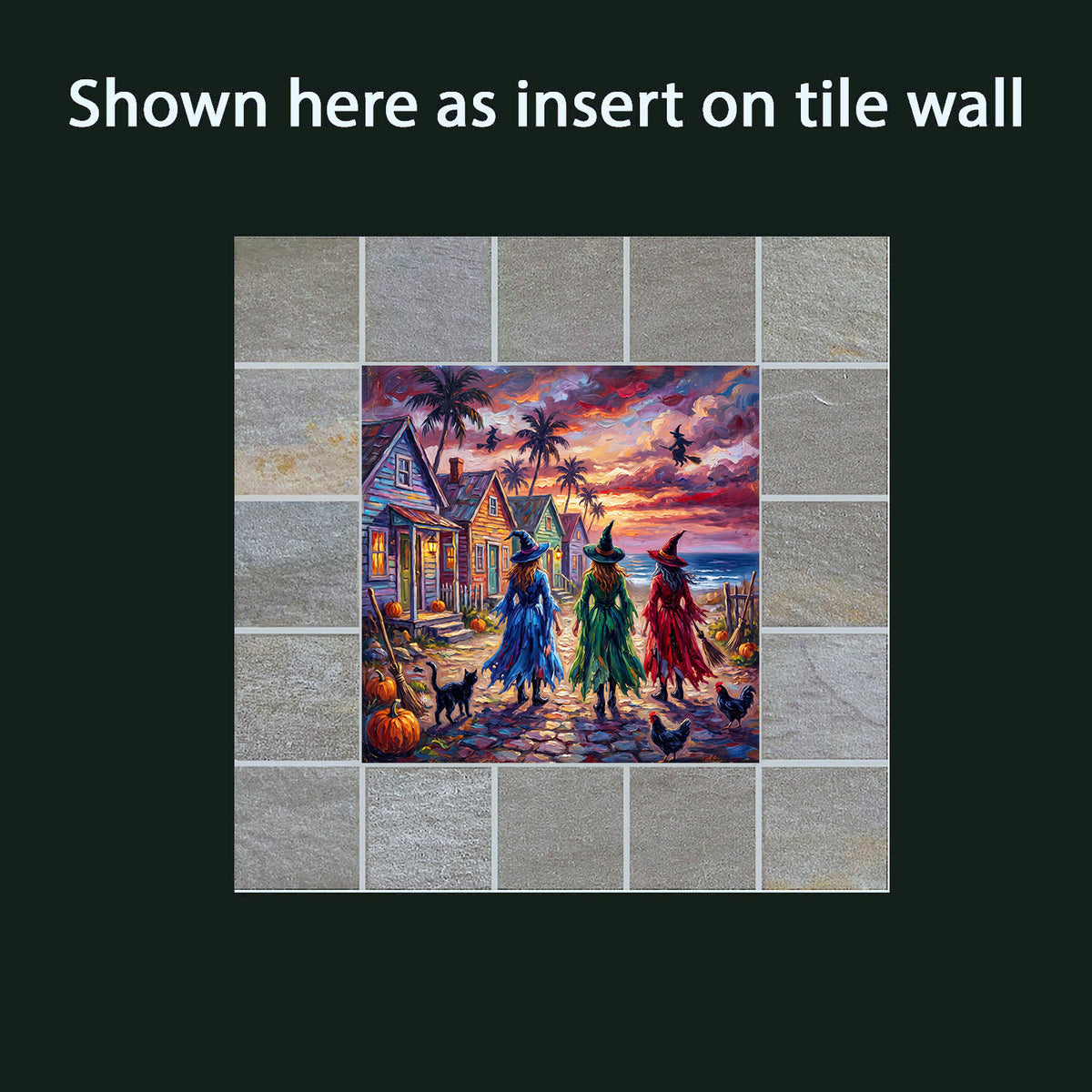 Key West Halloween Witches Stroll Ceramic Art Tile | Conch Houses & Flying Witches