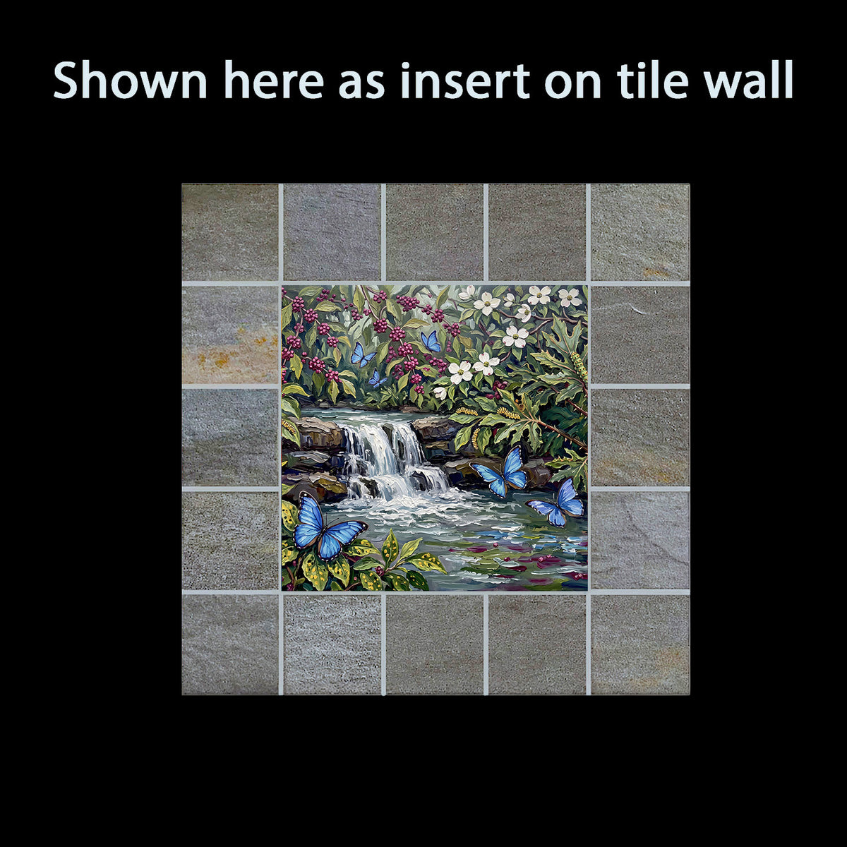 Azure Butterfly Garden | Glossy Smooth Ceramic Art Tile