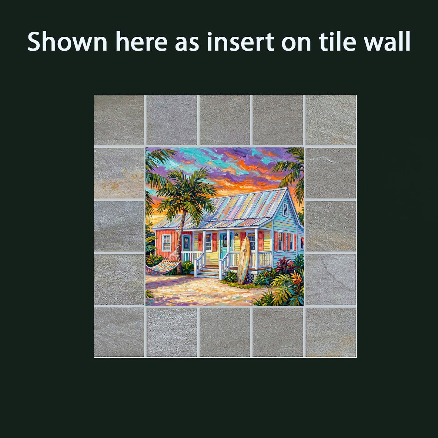 Key West Sunset Conch Cottage with Surfboard & Hammock Ceramic Art Tile
