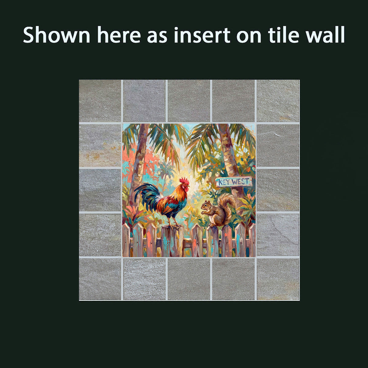 Key West Rooster & Squirrel on the Fence | Ceramic Art Tile