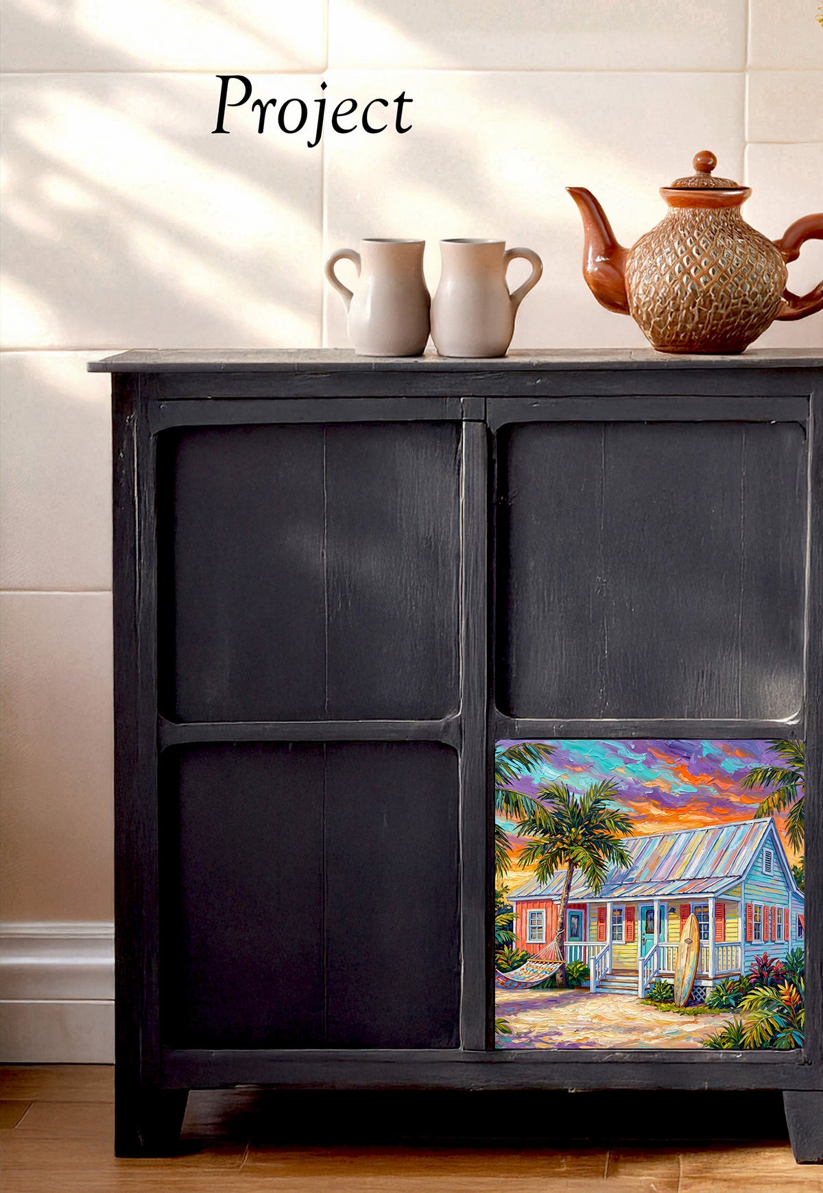Key West Sunset Conch Cottage with Surfboard & Hammock Ceramic Art Tile