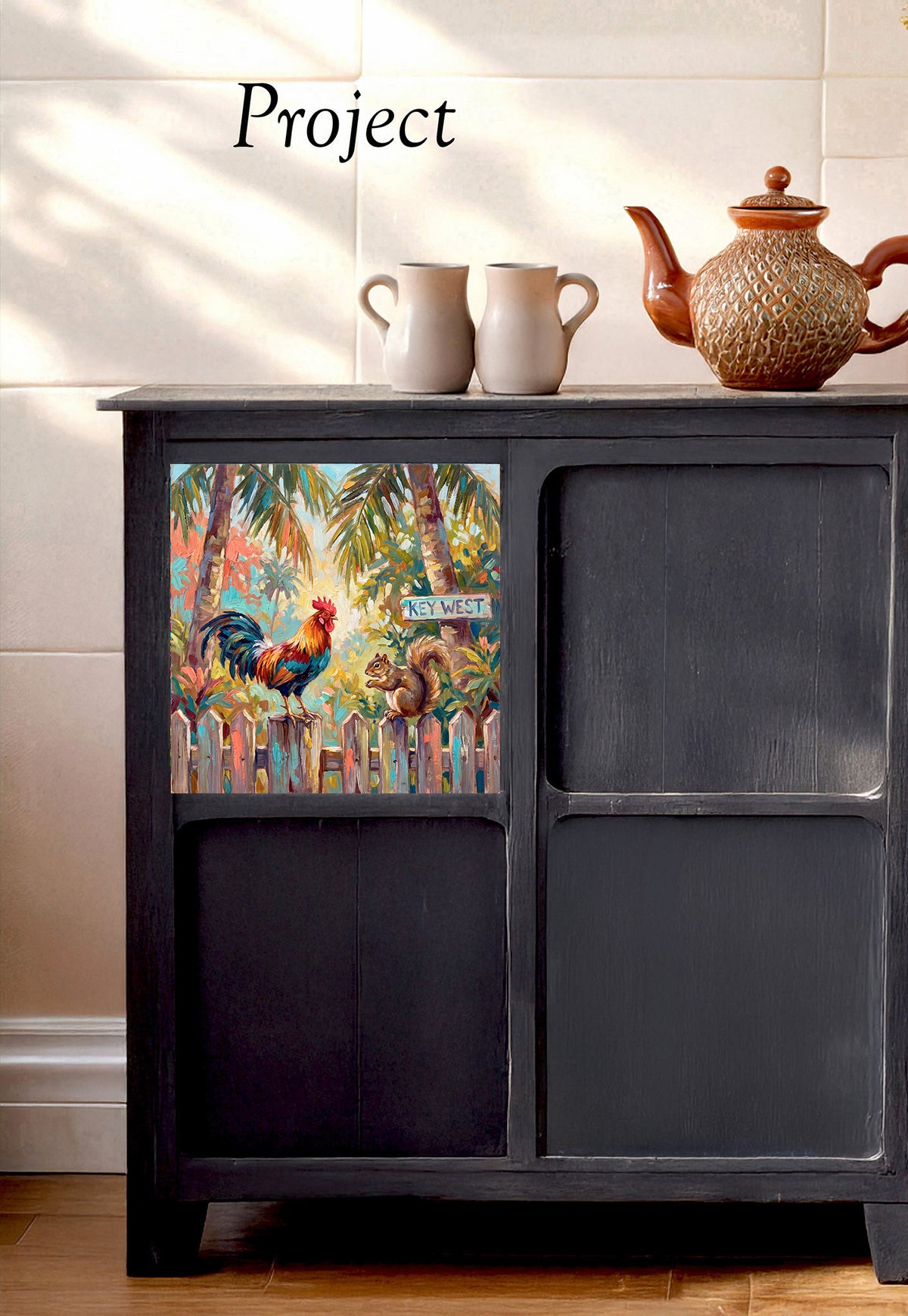 Key West Rooster & Squirrel on the Fence | Ceramic Art Tile