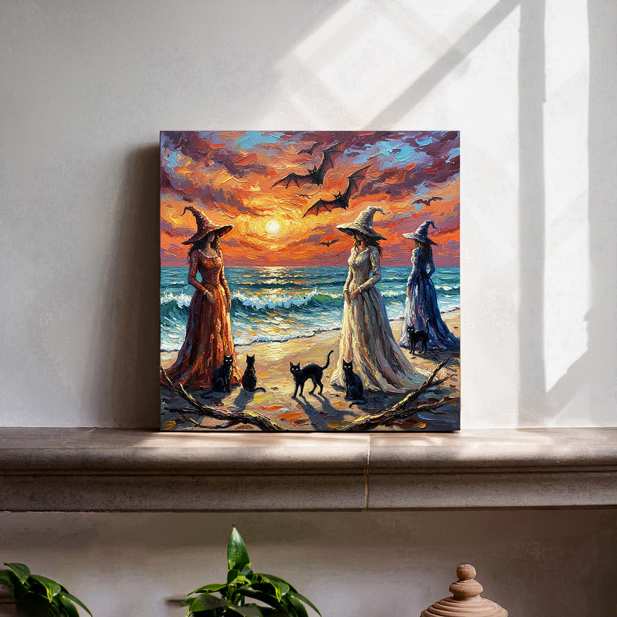 Florida Keys Halloween Witches Beach Ceramic Art Tile | Three Witches at Sunset