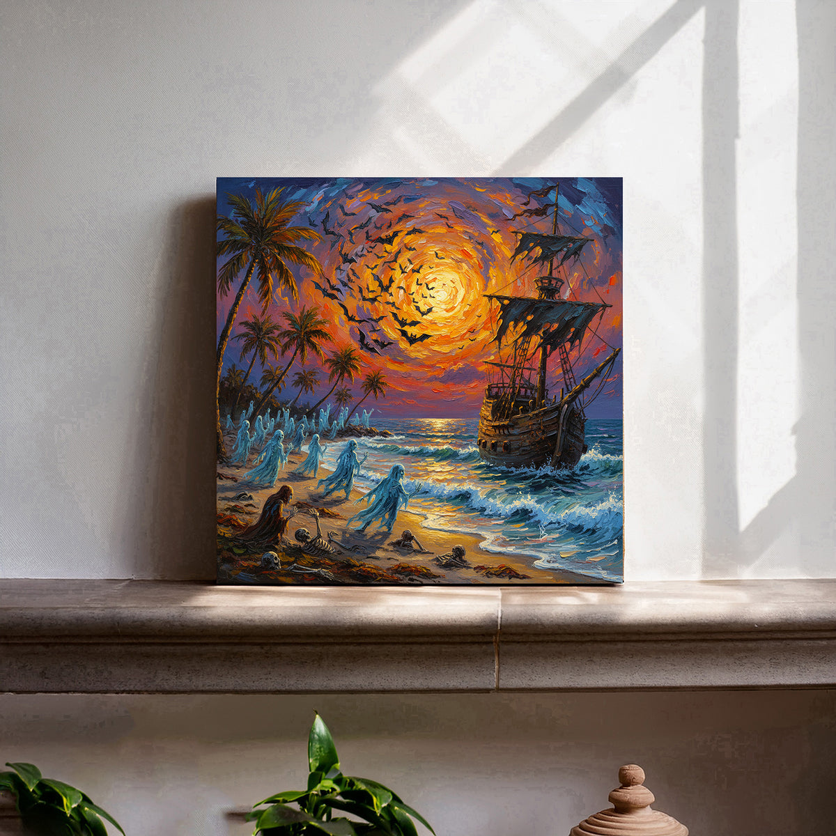Florida Keys Halloween Beach Ceramic Art Tile | Ghost Ship & Haunted Shore