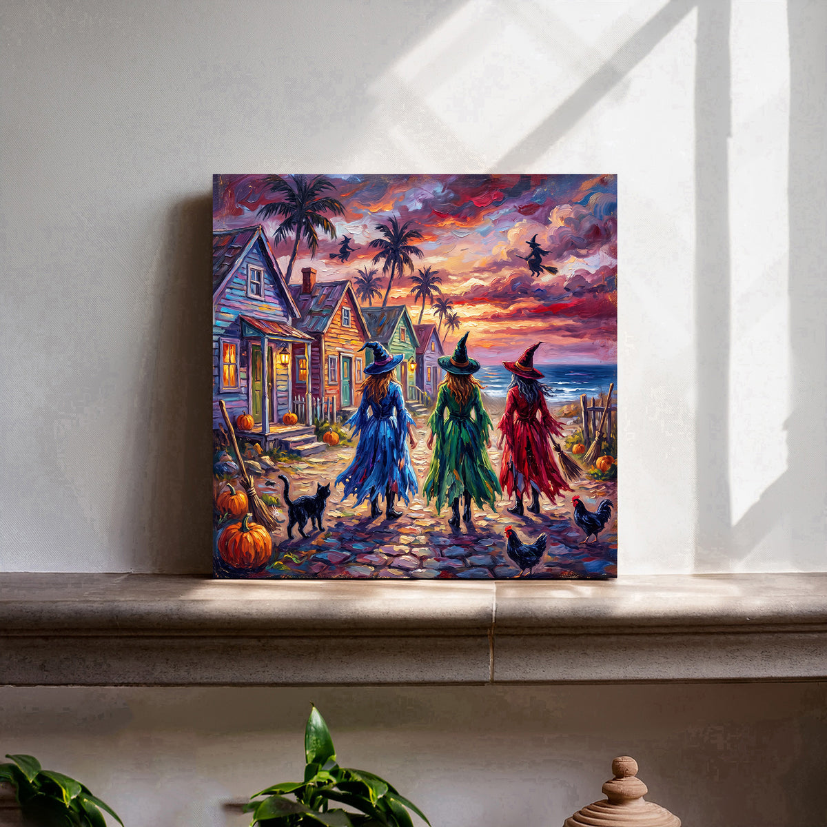 Key West Halloween Witches Stroll Ceramic Art Tile | Conch Houses & Flying Witches