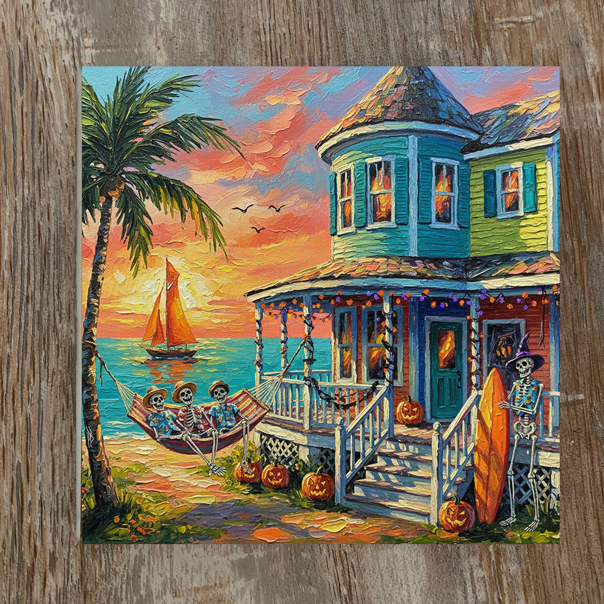 Key West Halloween Skeleton Beach Cottage Sunset | Ceramic Art Tile