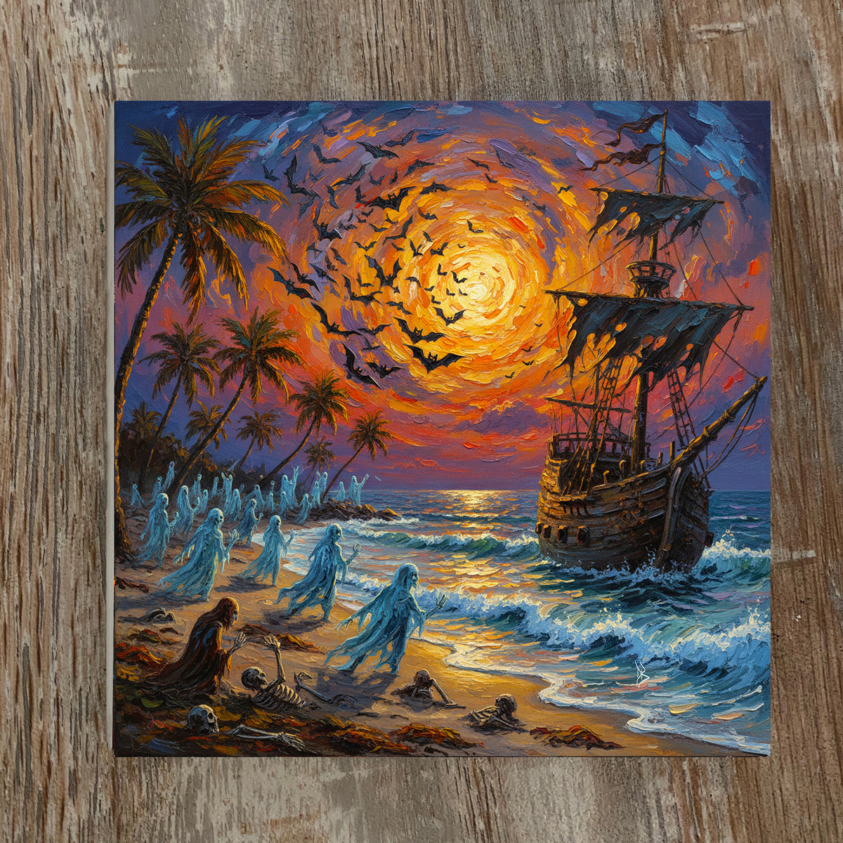 Florida Keys Halloween Beach Ceramic Art Tile | Ghost Ship & Haunted Shore