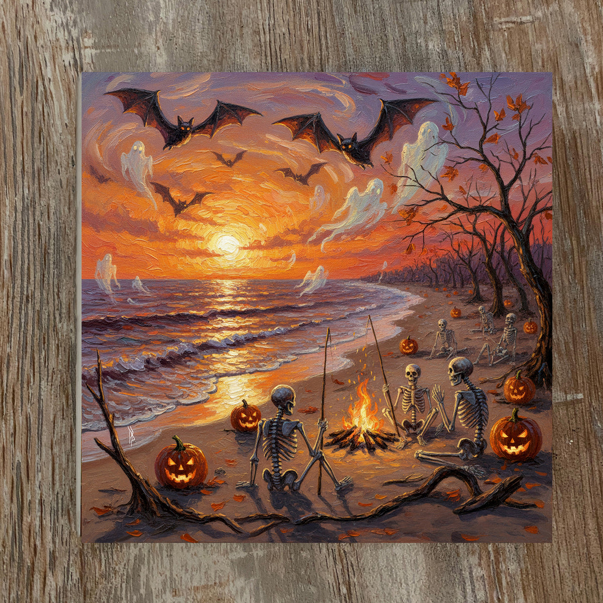 Florida Keys Halloween Skeleton Bonfire Beach Ceramic Art Tile