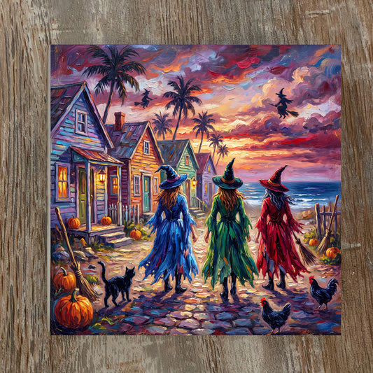 Key West Halloween Witches Stroll Ceramic Art Tile | Conch Houses & Flying Witches