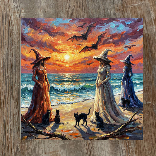 Florida Keys Halloween Witches Beach Ceramic Art Tile | Three Witches at Sunset