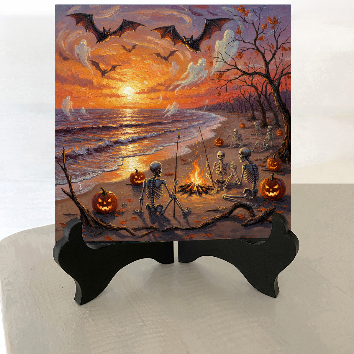 Florida Keys Halloween Skeleton Bonfire Beach Ceramic Art Tile