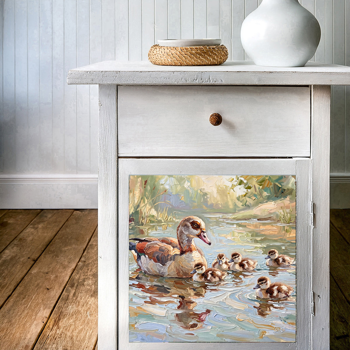 Together on the Water – Egyptian Goose & Goslings | Glossy Smooth Ceramic Art Tile