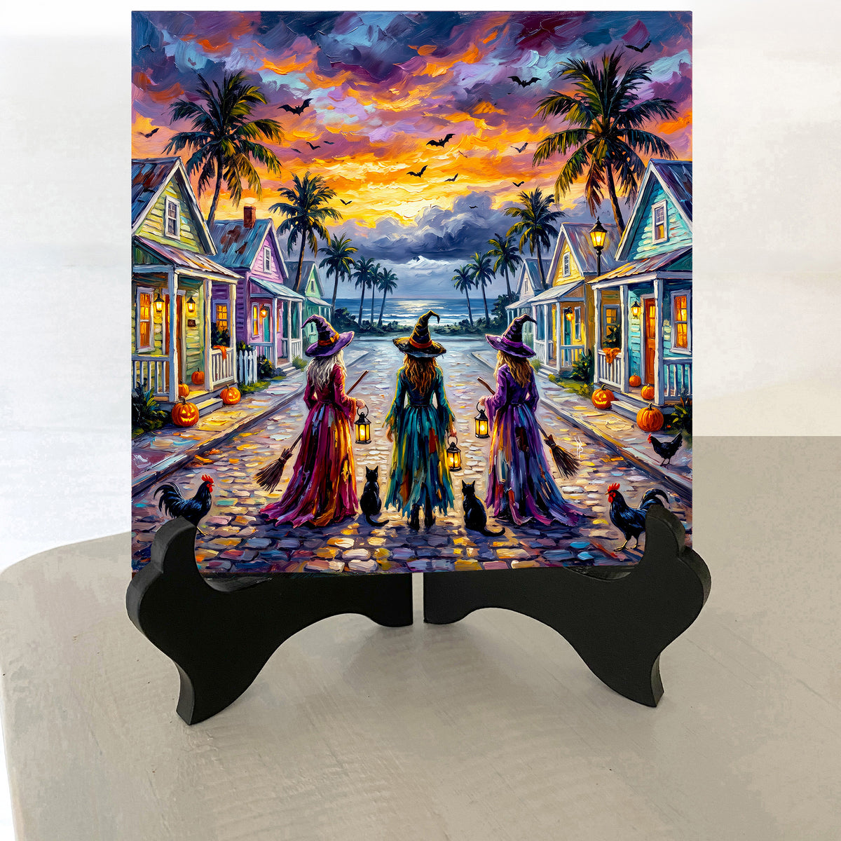 Key West Halloween Three Witches on Cobblestone Street | Ceramic Art Tile