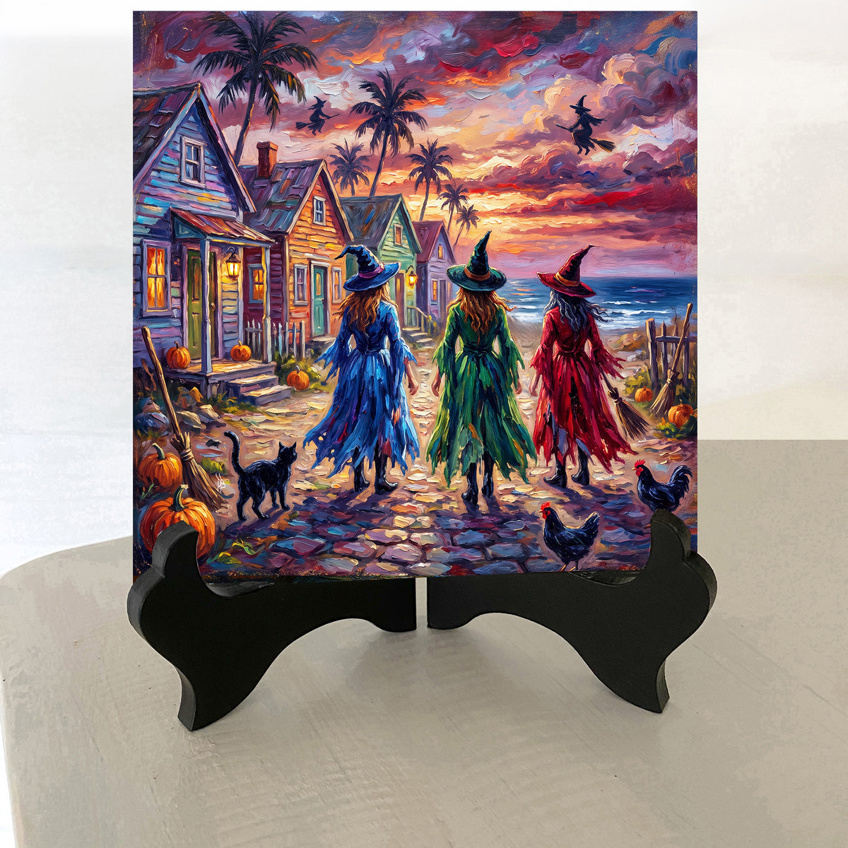 Key West Halloween Witches Stroll Ceramic Art Tile | Conch Houses & Flying Witches