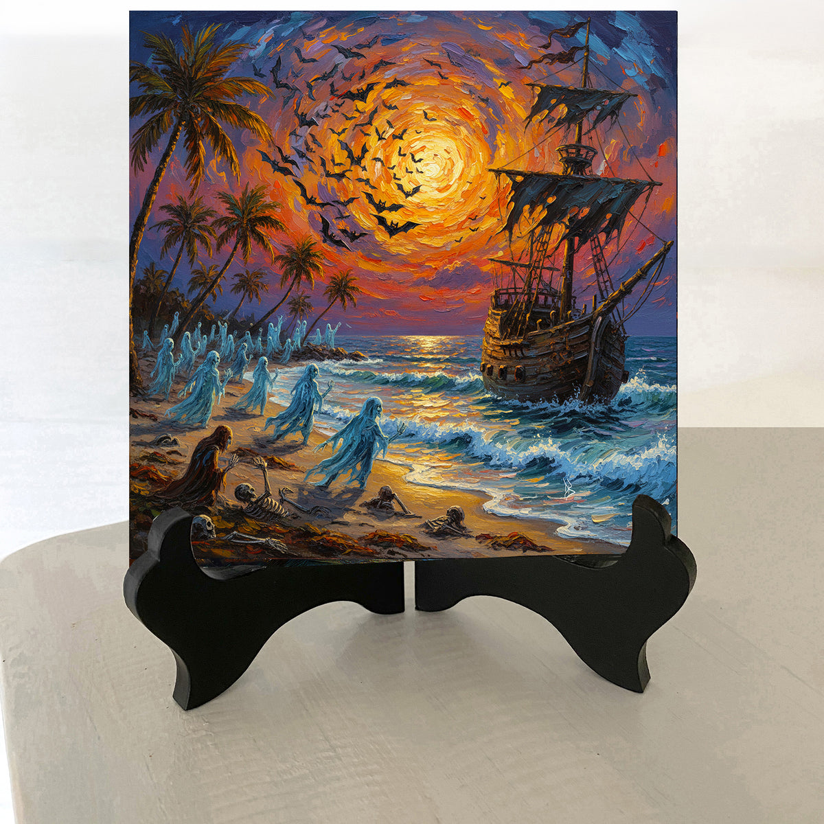 Florida Keys Halloween Beach Ceramic Art Tile | Ghost Ship & Haunted Shore