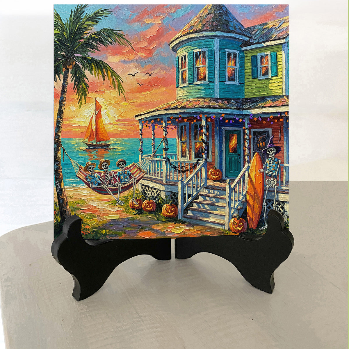 Key West Halloween Skeleton Beach Cottage Sunset | Ceramic Art Tile