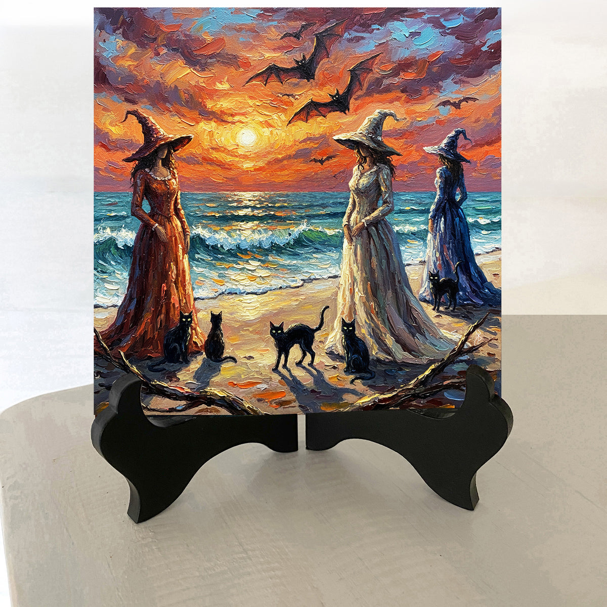 Florida Keys Halloween Witches Beach Ceramic Art Tile | Three Witches at Sunset