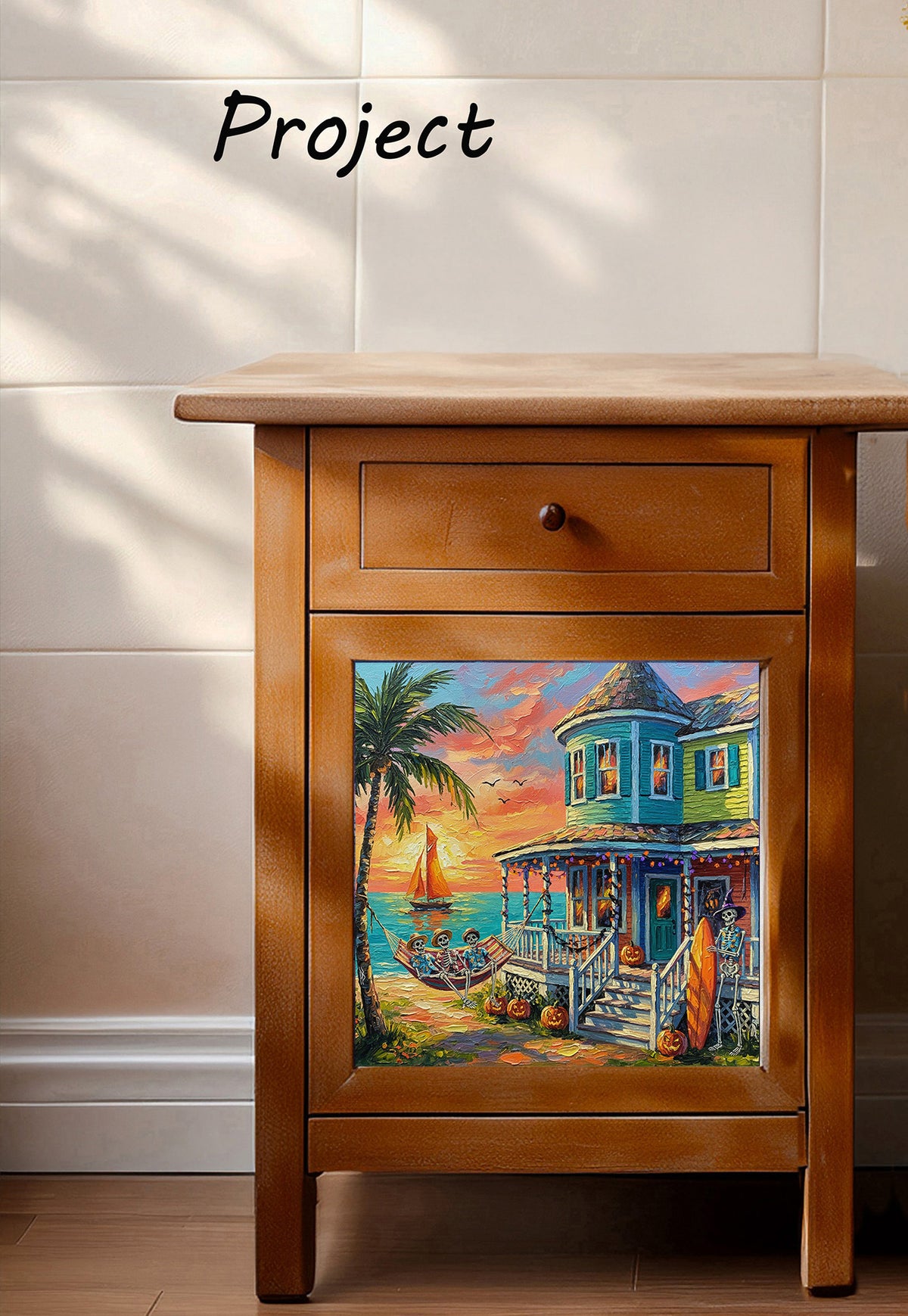 Key West Halloween Skeleton Beach Cottage Sunset | Ceramic Art Tile