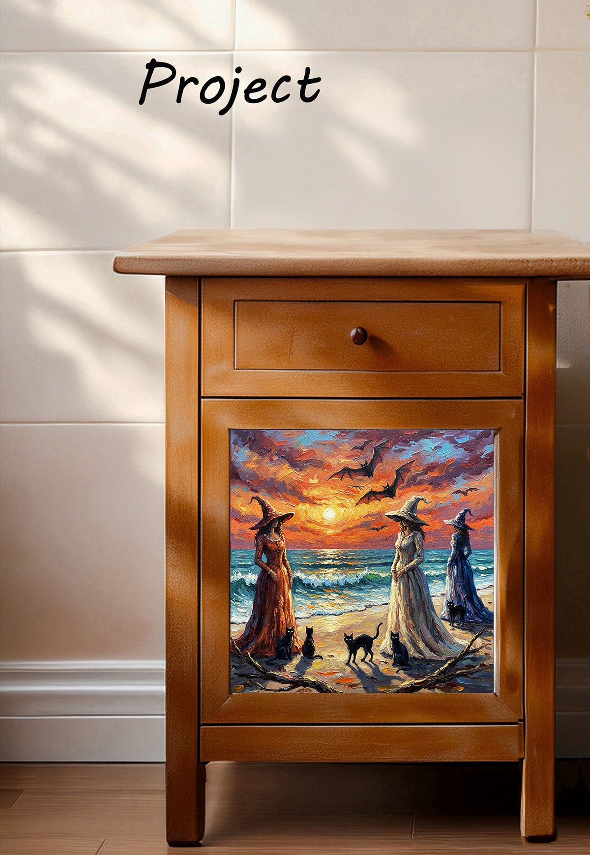 Florida Keys Halloween Witches Beach Ceramic Art Tile | Three Witches at Sunset